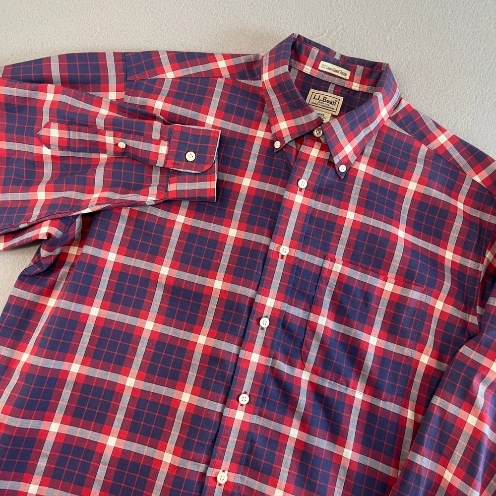 LL Bean Mens Long Sleeve Button Down Shirt U S Coast Guard Tartan Plaid L REG